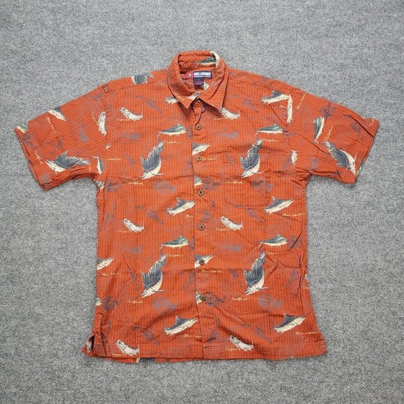 Reel Legends Shirt Mens Medium Orange Button Up Marlin Fish All Over Print - Picture 1 of 9